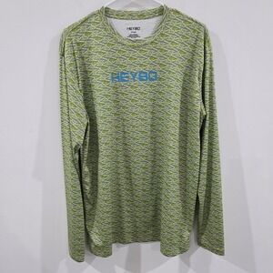 Heybo Mens Fish Print Shirt Size Large Outdoor Fishing Long Sleeve Green